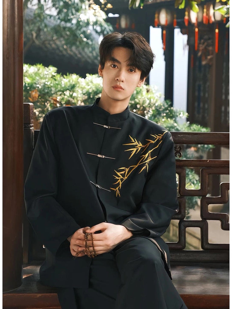 Beth and Brian Qipao-ESS Gold bamboo leaf pattern, Men's Chinese Tang Suit Jacket, Chinese style Tang suit Jacket