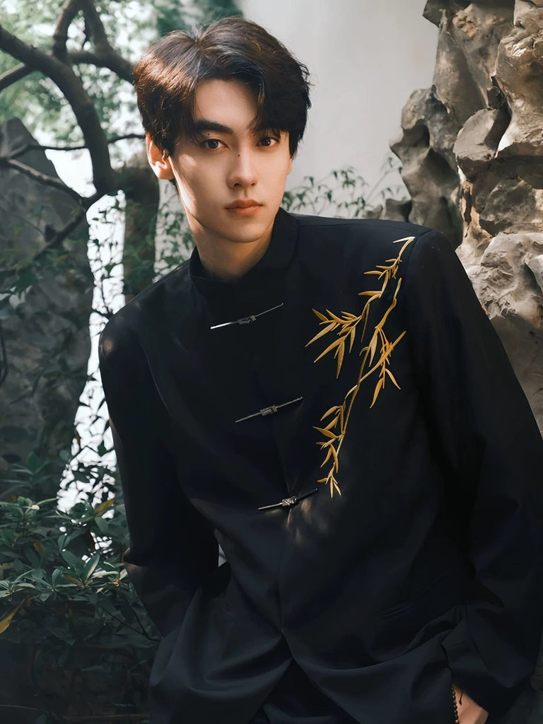 Beth and Brian Qipao-ESS Gold bamboo leaf pattern, Men's Chinese Tang Suit Jacket, Chinese style Tang suit Jacket