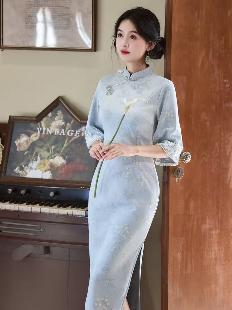 Beth and Brian Qipao-YG Fall and winter collection, floral pattern, daily midi Cheongsam