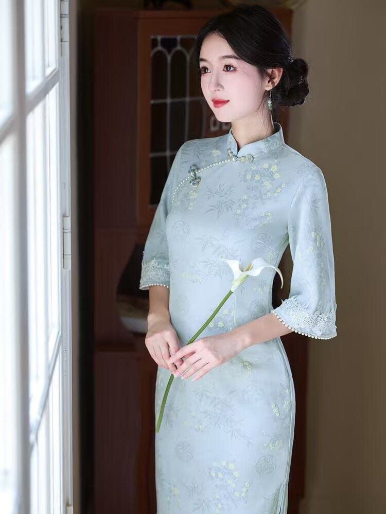 Beth and Brian Qipao-YG Fall and winter collection, floral pattern, daily midi Cheongsam