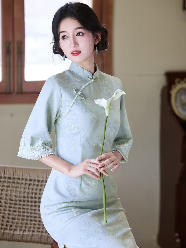 Beth and Brian Qipao-YG Fall and winter collection, floral pattern, daily midi Cheongsam