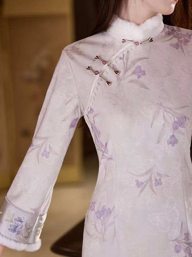 Beth and Brian Qipao-YG Winter collection, floral pattern, jacquard and knitting fabric, midi Cheongsam