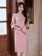 Beth and Brian Qipao-YG Winter collection, floral pattern, suede fabric, pink&blue midi Cheongsam
