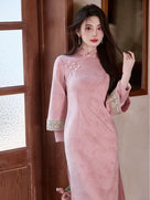 Beth and Brian Qipao-YG Winter collection, floral pattern, suede fabric, pink&blue midi Cheongsam