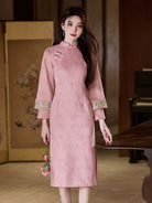 Beth and Brian Qipao-YG Winter collection, floral pattern, suede fabric, pink&blue midi Cheongsam