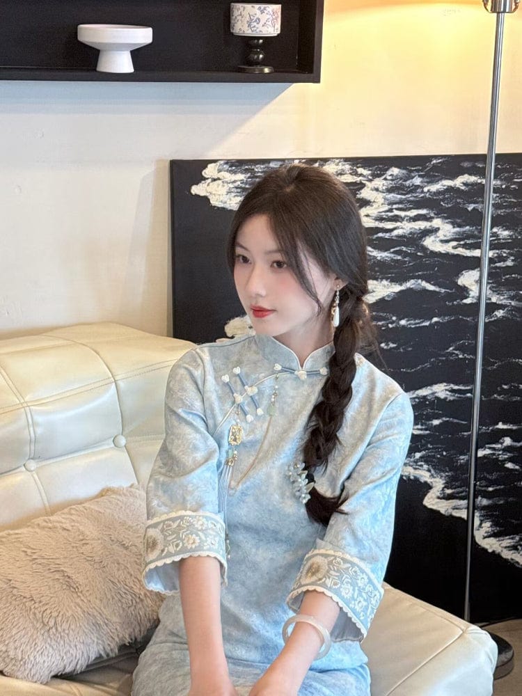 Beth and Brian Qipao-LSB Floral pattern, jacquard satin midi Cheongsam