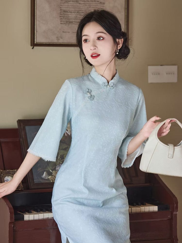 Beth and Brian Qipao-LSB Leaf pattern, jacquard and knitting fabric, daily midi Cheongsam