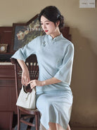 Beth and Brian Qipao-LSB Leaf pattern, jacquard and knitting fabric, daily midi Cheongsam