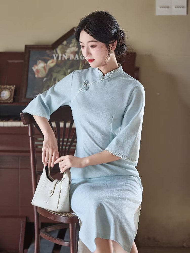 Beth and Brian Qipao-LSB Leaf pattern, jacquard and knitting fabric, daily midi Cheongsam