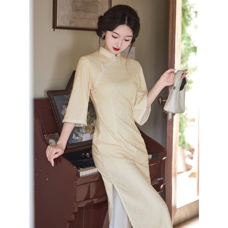 Beth and Brian Qipao-LSB Leaf pattern, jacquard and knitting fabric, daily midi Cheongsam