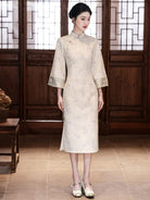 Beth and Brian Qipao-LSB Floral pattern, jacquard and knitting fabric, midi Cheongsam with elbow sleeves