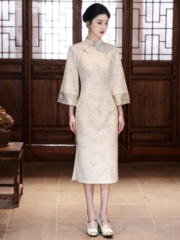 Beth and Brian Qipao-LSB Floral pattern, jacquard and knitting fabric, midi Cheongsam with elbow sleeves