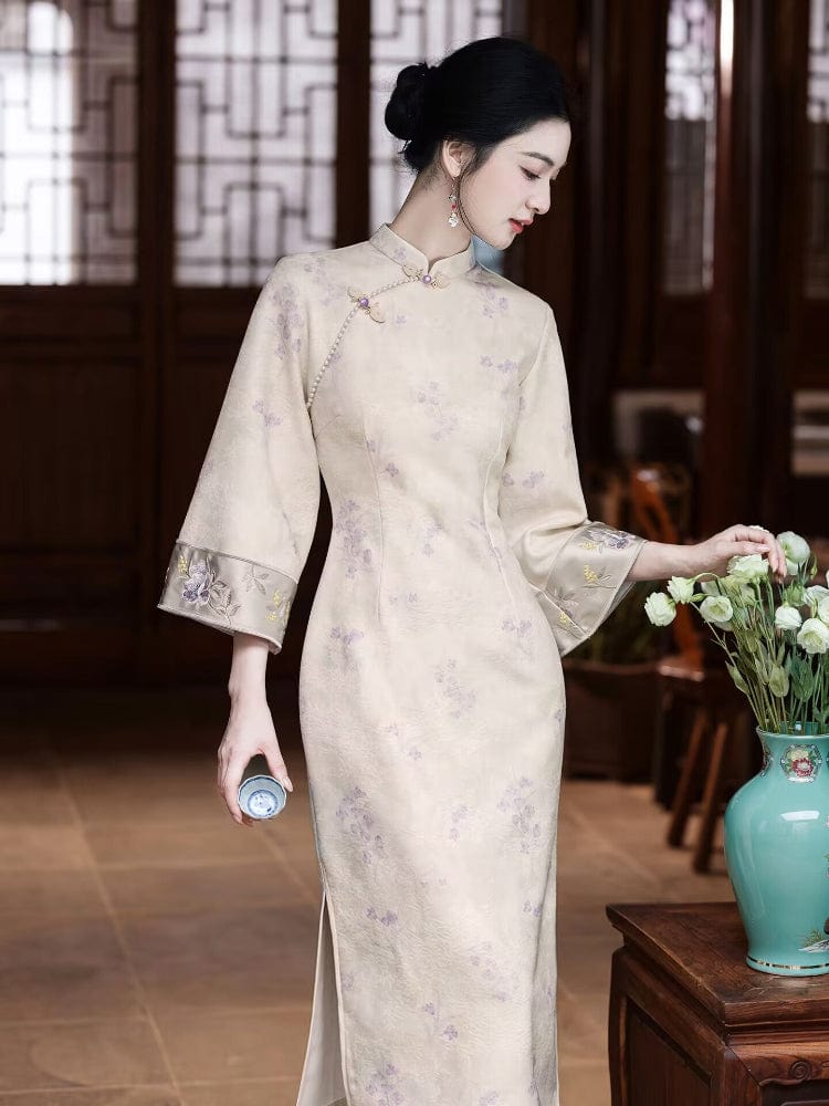 Beth and Brian Qipao-LSB Floral pattern, jacquard and knitting fabric, midi Cheongsam with elbow sleeves