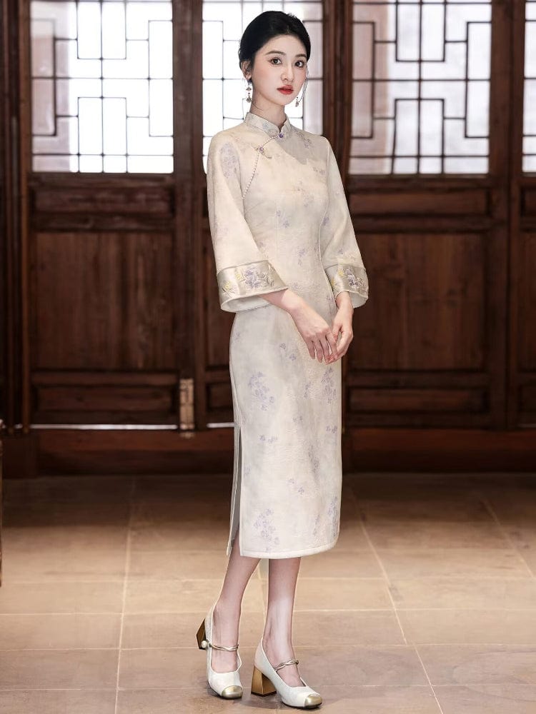 Beth and Brian Qipao-LSB Floral pattern, jacquard and knitting fabric, midi Cheongsam with elbow sleeves