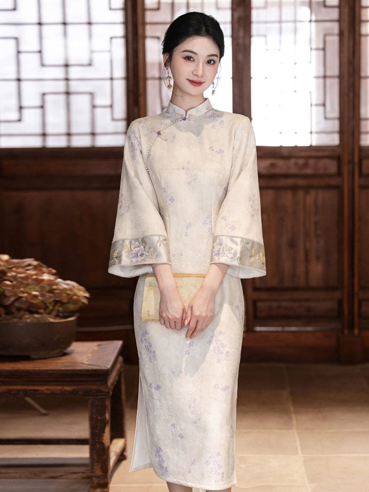 Beth and Brian Qipao-LSB Floral pattern, jacquard and knitting fabric, midi Cheongsam with elbow sleeves