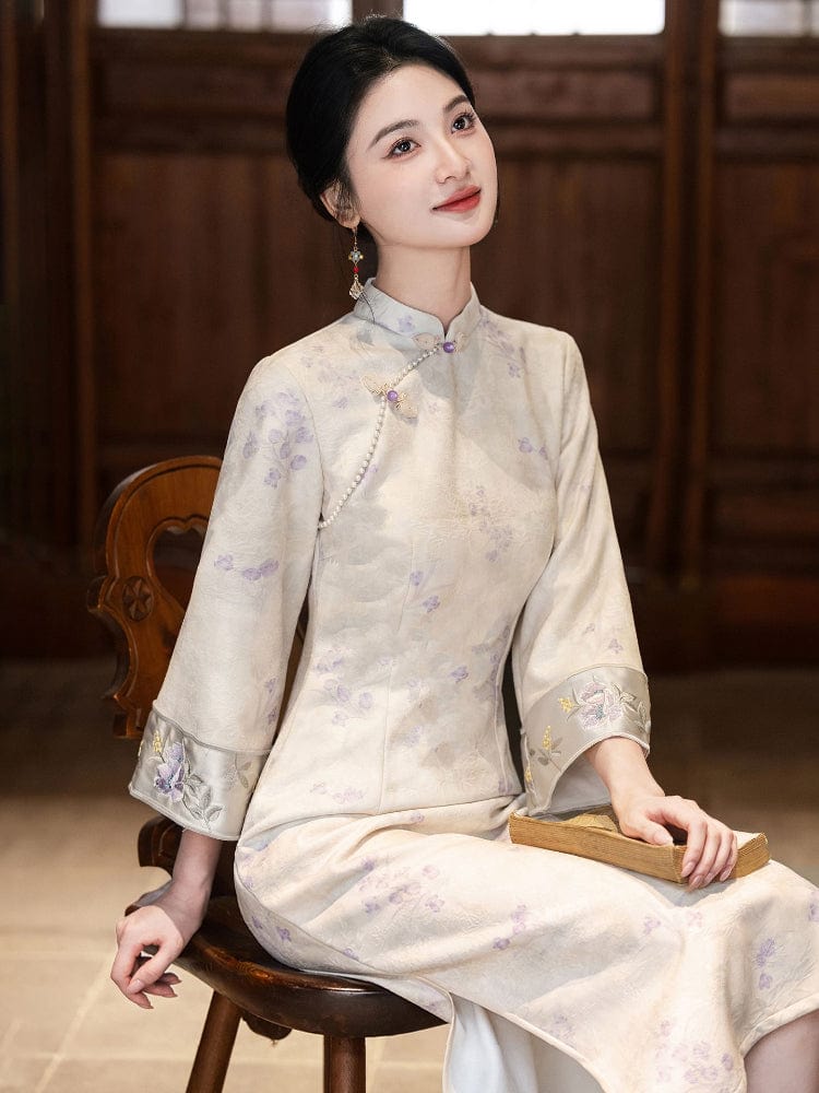 Beth and Brian Qipao-LSB Floral pattern, jacquard and knitting fabric, midi Cheongsam with elbow sleeves
