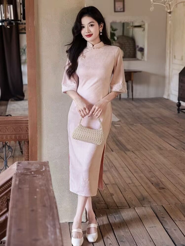 Beth and Brian Qipao-YG Fall collection, floral pattern, daily pink&green midi Cheongsam
