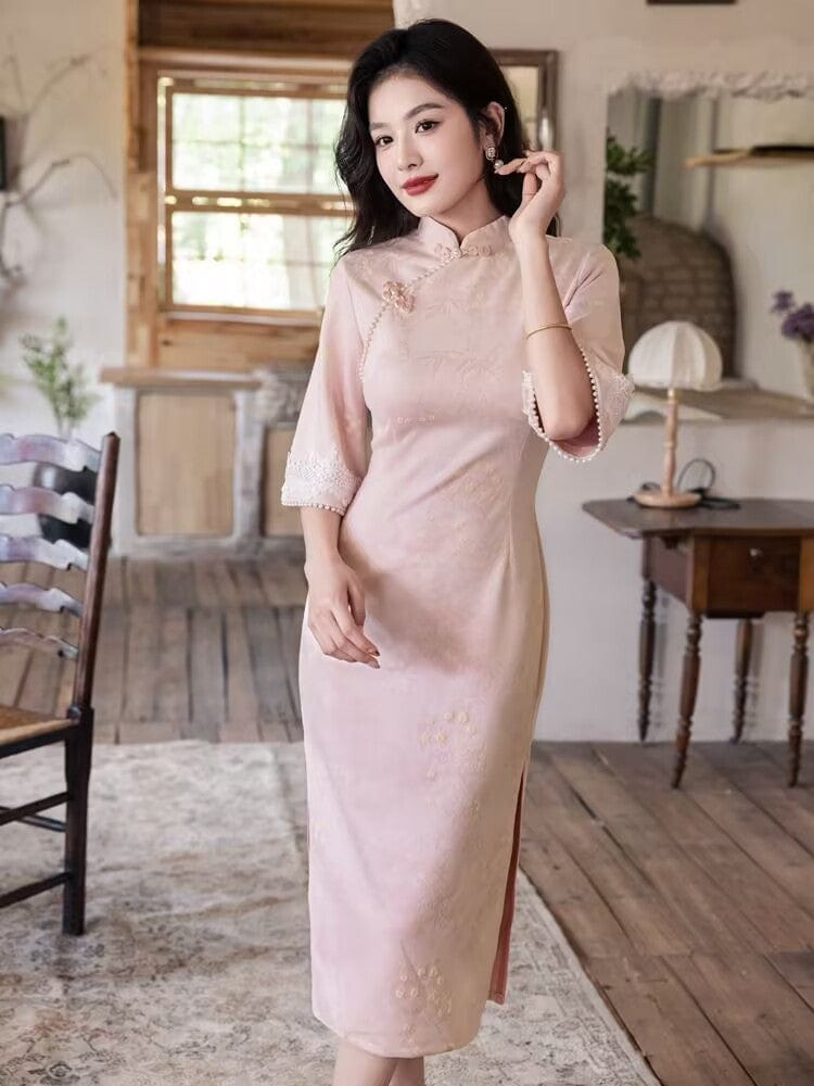 Beth and Brian Qipao-YG Fall collection, floral pattern, daily pink&green midi Cheongsam