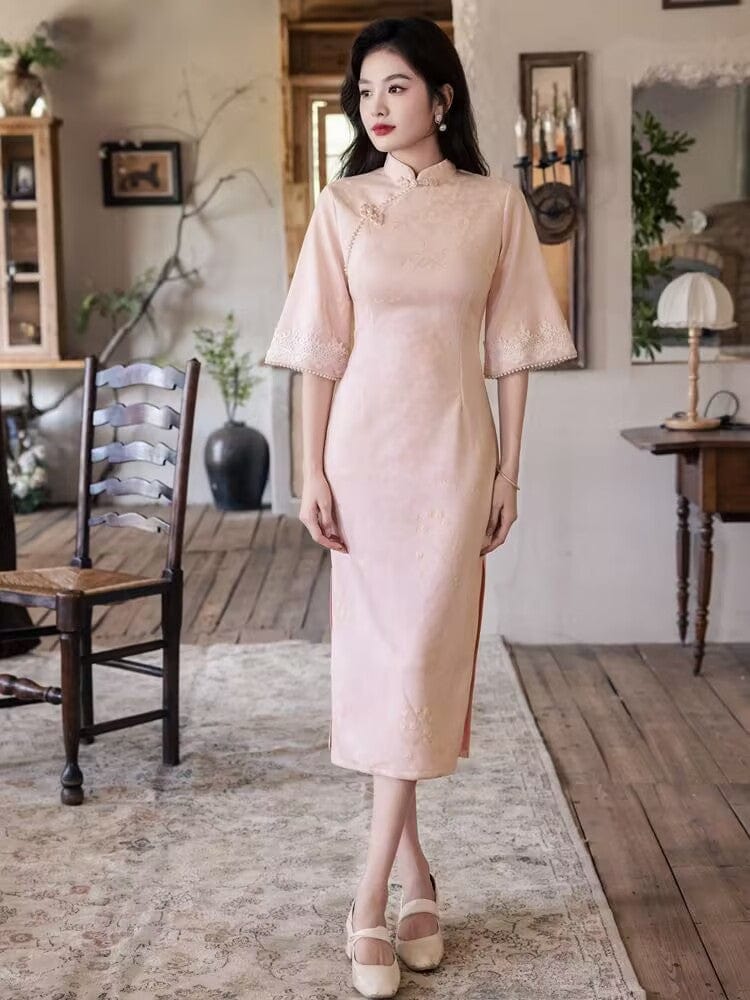 Beth and Brian Qipao-YG Fall collection, floral pattern, daily pink&green midi Cheongsam