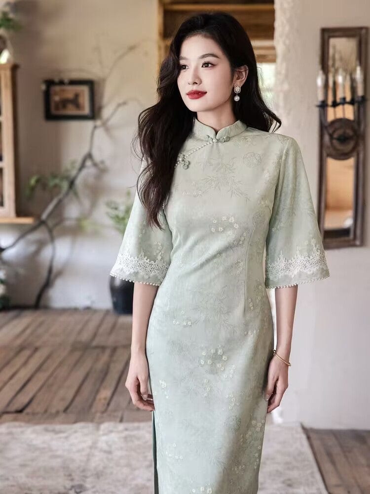 Beth and Brian Qipao-YG Fall collection, floral pattern, daily pink&green midi Cheongsam