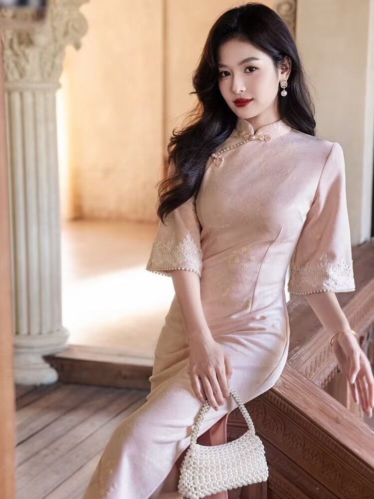 Beth and Brian Qipao-YG Fall collection, floral pattern, daily pink&green midi Cheongsam