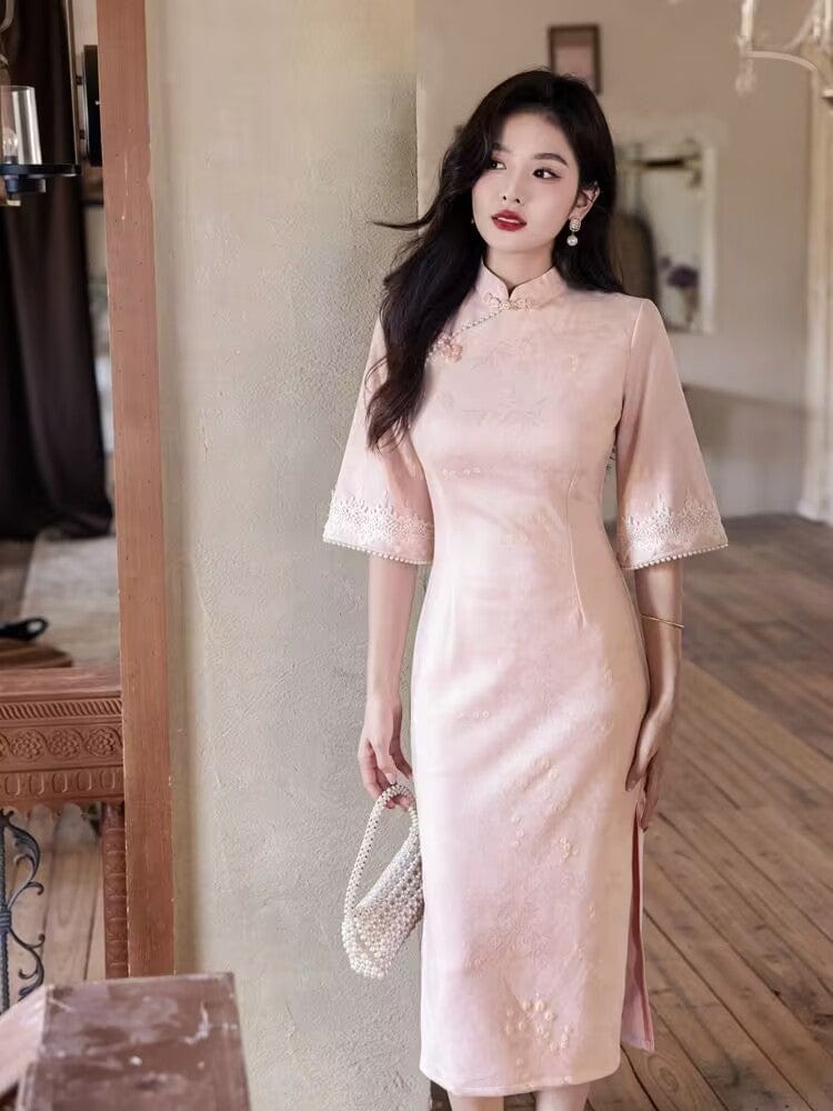 Beth and Brian Qipao-YG Fall collection, floral pattern, daily pink&green midi Cheongsam