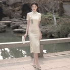 Beth and Brian Qipao-LSB Hualuo jacquard, beige midi Cheongsam
