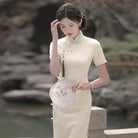 Beth and Brian Qipao-LSB Hualuo jacquard, beige midi Cheongsam