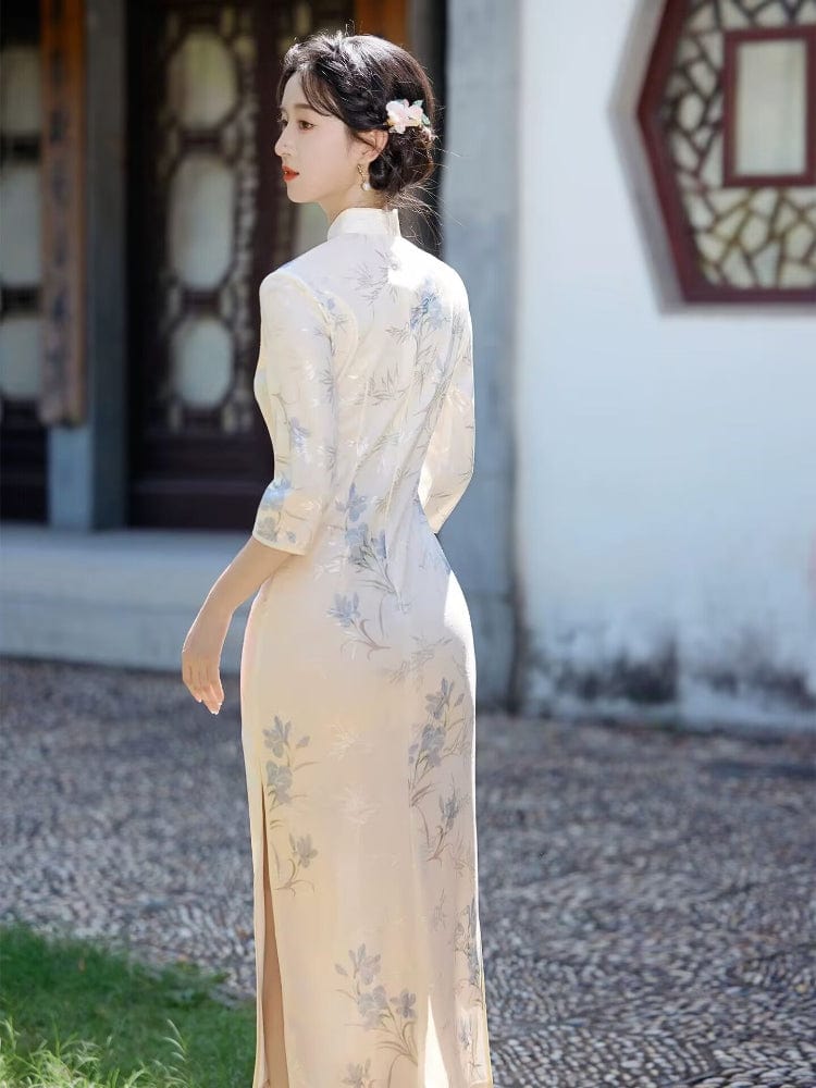 Beth and Brian Qipao-LSB Floral pattern, beige midi Cheongsam with three quarter sleeves