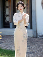 Beth and Brian Qipao-LSB Floral pattern, beige midi Cheongsam with three quarter sleeves