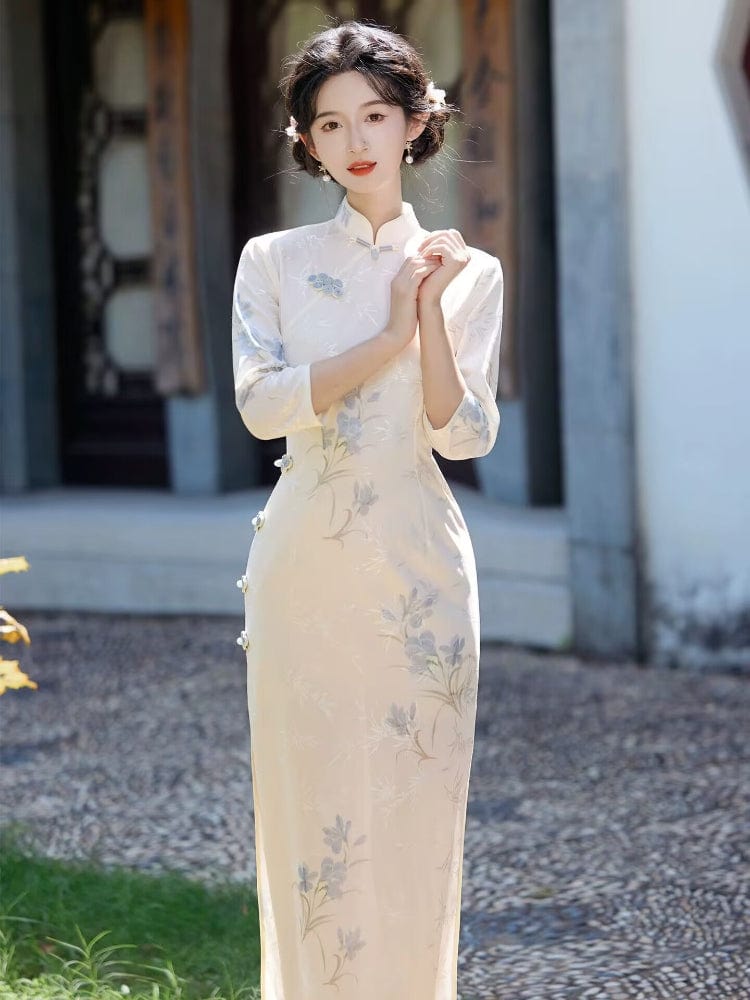 Beth and Brian Qipao-LSB Floral pattern, beige midi Cheongsam with three quarter sleeves