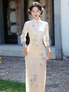 Beth and Brian Qipao-LSB Floral pattern, beige midi Cheongsam with three quarter sleeves