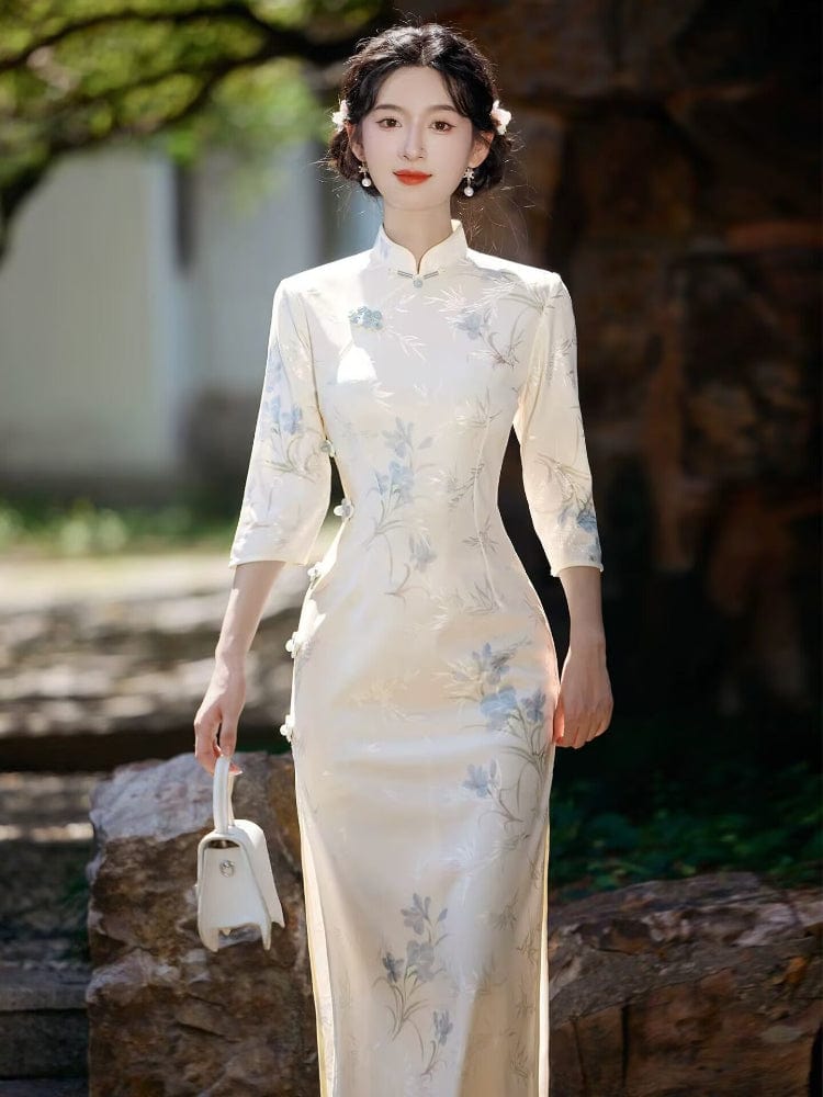 Beth and Brian Qipao-LSB Floral pattern, beige midi Cheongsam with three quarter sleeves
