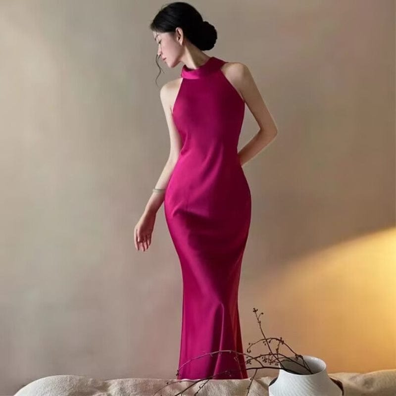 Beth and Brian Qipao-MY New Chinese style (新中式), fuchsia halter long Cheongsam