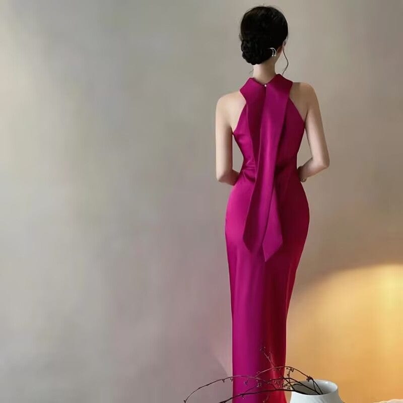 Beth and Brian Qipao-MY New Chinese style (新中式), fuchsia halter long Cheongsam