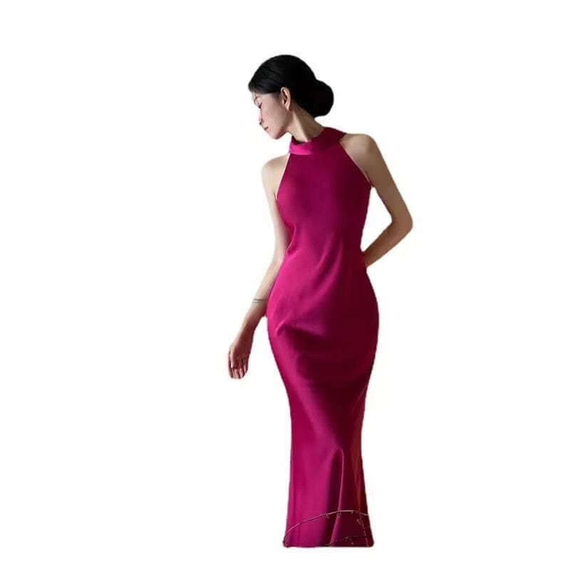 Beth and Brian Qipao-MY New Chinese style (新中式), fuchsia halter long Cheongsam