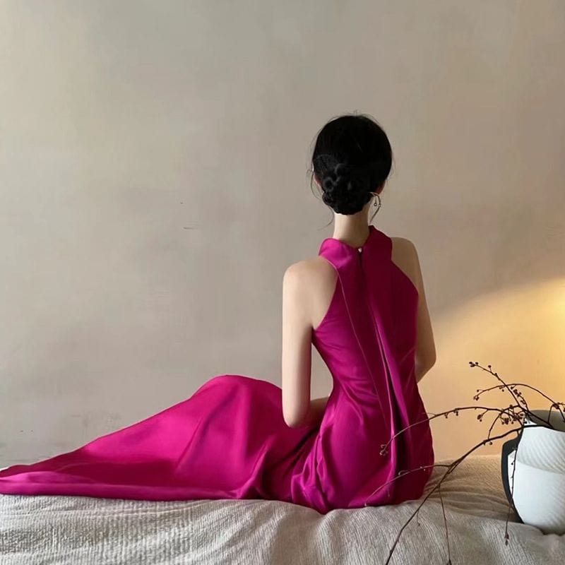 Beth and Brian Qipao-MY New Chinese style (新中式), fuchsia halter long Cheongsam