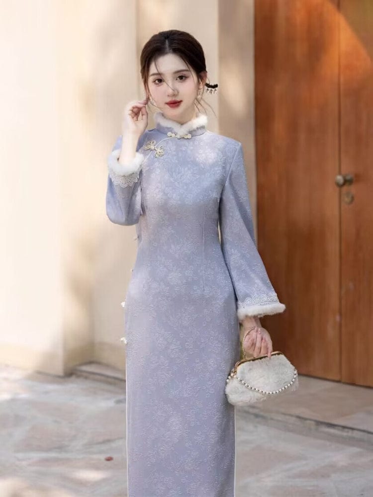 Beth and Brian Qipao-JH Winter collection, midi Qipao with Fur-Trimmed  (removable) Sleeves