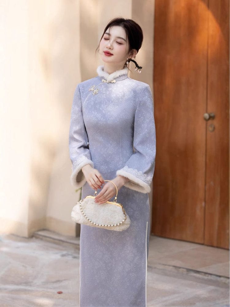 Beth and Brian Qipao-JH Winter collection, midi Qipao with Fur-Trimmed  (removable) Sleeves