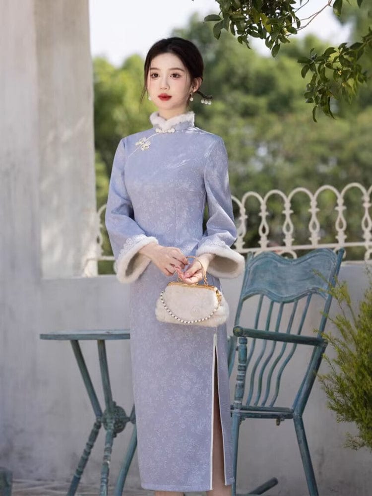 Beth and Brian Qipao-JH Winter collection, midi Qipao with Fur-Trimmed  (removable) Sleeves