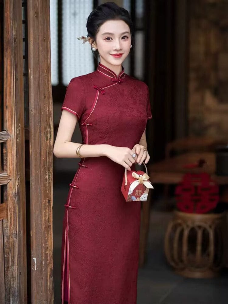 Beth and Brian Qipao-HQ Floral pattern, dark red midi Cheongsam