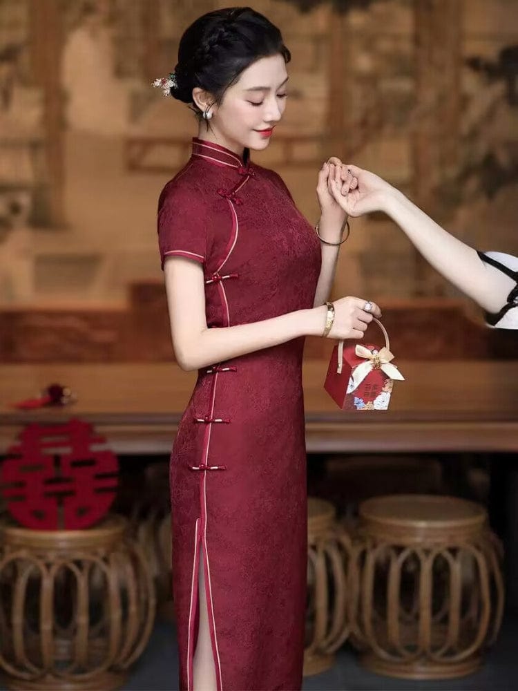 Beth and Brian Qipao-HQ Floral pattern, dark red midi Cheongsam