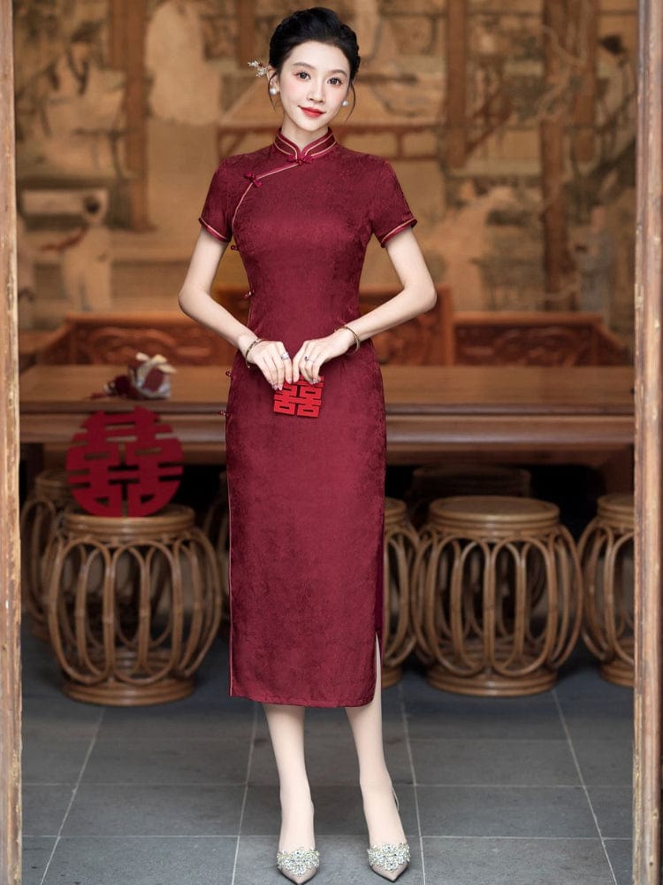 Beth and Brian Qipao-HQ Floral pattern, dark red midi Cheongsam