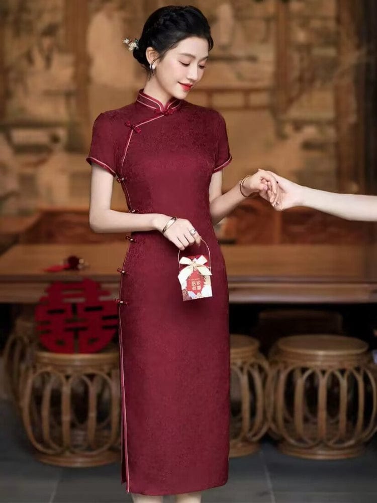 Beth and Brian Qipao-HQ Floral pattern, dark red midi Cheongsam