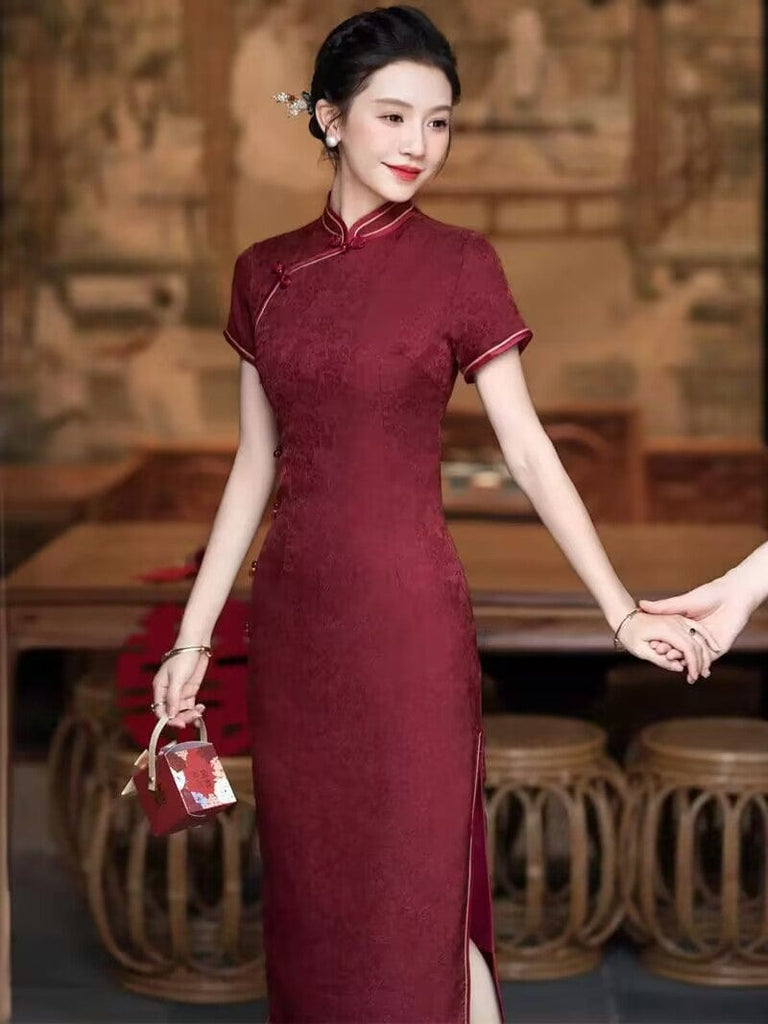 Beth and Brian Qipao-HQ Floral pattern, dark red midi Cheongsam