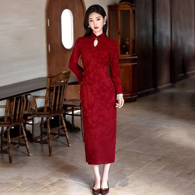 Beth and Brian Qipao-SMQ Fall and winter collection, floral pattern, lace mid-length Cheongsam