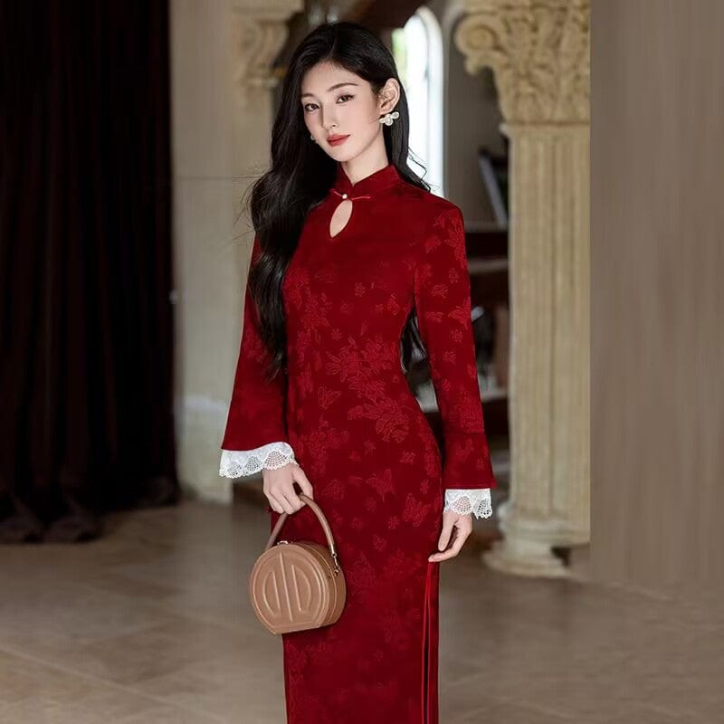 Beth and Brian Qipao-SMQ Fall and winter collection, floral pattern, lace mid-length Cheongsam