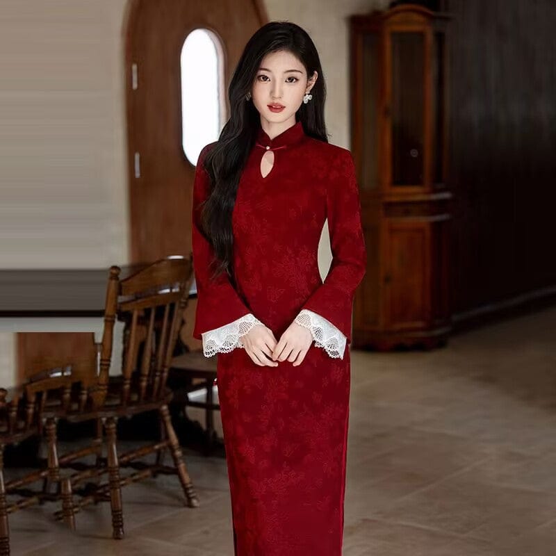 Beth and Brian Qipao-SMQ Fall and winter collection, floral pattern, lace mid-length Cheongsam