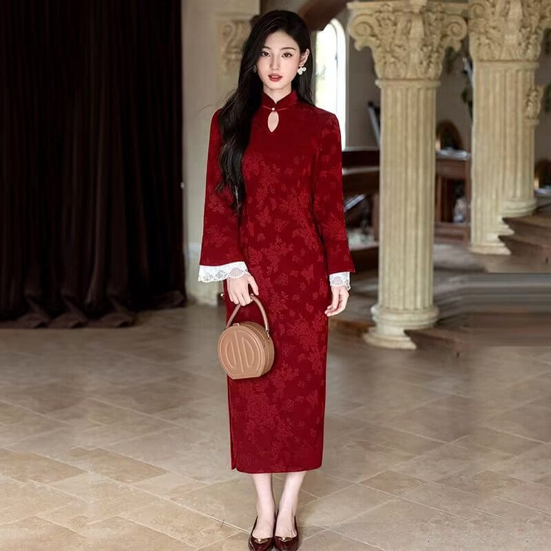 Beth and Brian Qipao-SMQ Fall and winter collection, floral pattern, lace mid-length Cheongsam