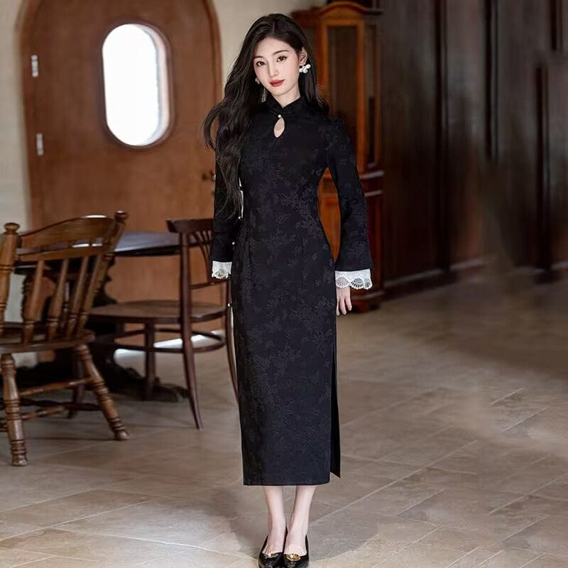 Beth and Brian Qipao-SMQ Fall and winter collection, floral pattern, lace mid-length Cheongsam